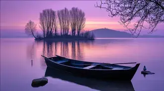 peaceful lake at dusk with boat, island, and bare trees download