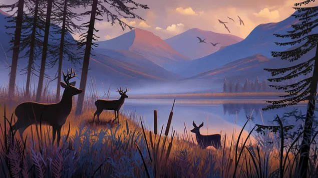 klidna scenerie jelenu a horskeho jezera pri zapadu slunce stahnout