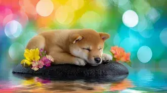 Tapeta Mírové štěně Shiba spí na tmavém kameni s růžovými květy 2K