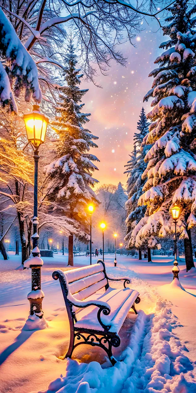 suasana taman musim dingin yang damai dengan bangku yang tertutup salju dan lampu jalan yang hangat unduhan