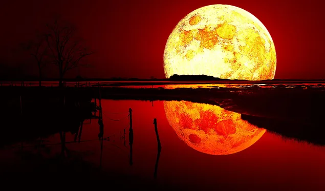 Pemandangan fajar dari pantulan cahaya bulan purnama merah yang terpantul di sungai unduhan