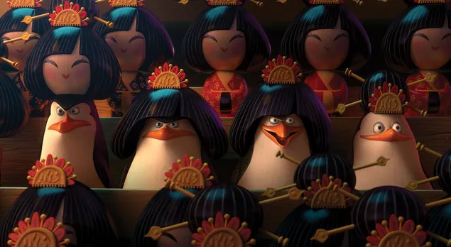 馬達加斯加的企鵝假裝是日本娃娃 4K 壁紙