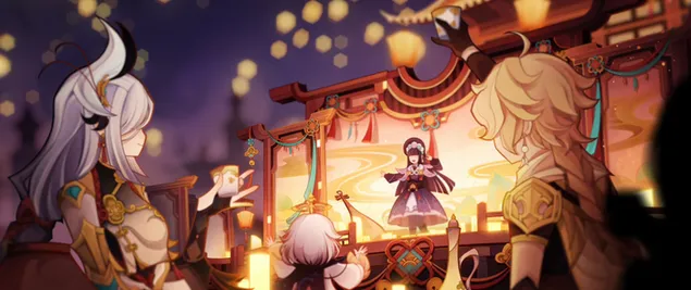 Folket i byn Ganshin njöt av Xianglings show | Ganshin Impact 2K bakgrund