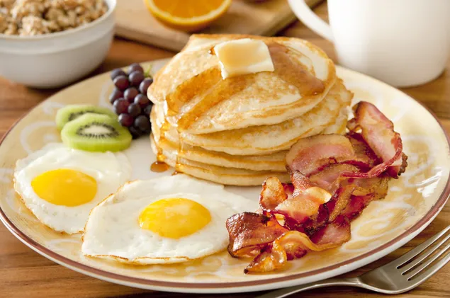 Hình nền Bữa sáng hoàn hảo - Bánh kếp, beacon và trứng 4K