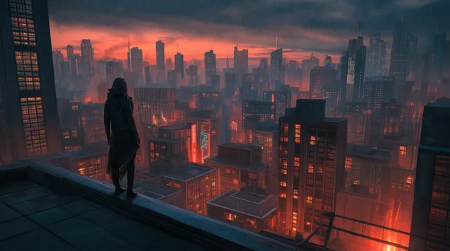 osoba sa pogledom na sajberpank postapokaliptichni gradski pejzazh preuzmi