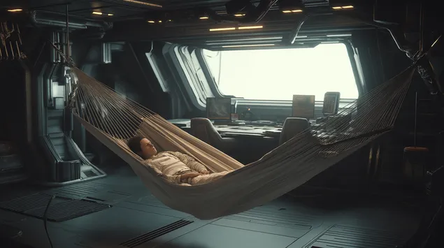 Person som slapper av i hengekøye på futuristisk romfartøydekk 2K bakgrunn