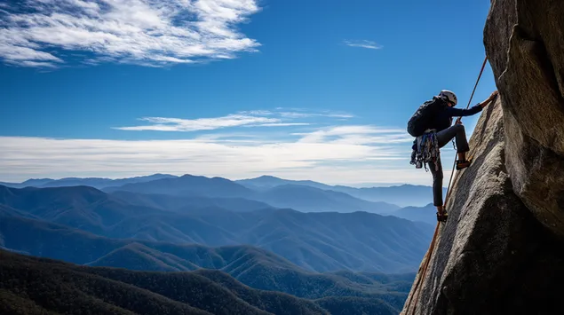 seseorang memanjat tebing tinggi di atas lapisan-lapisan pegunungan yang jauh unduhan