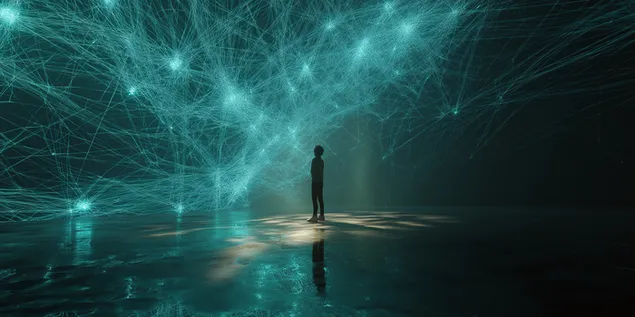osoba koja stoji u zamrsenom okruzenju digitalne mreze preuzmi
