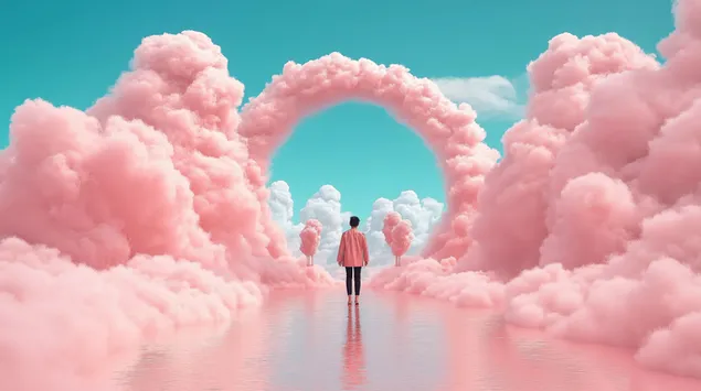 Osoba koja stoji u krajoliku ružičastog oblačnog luka 2K pozadina