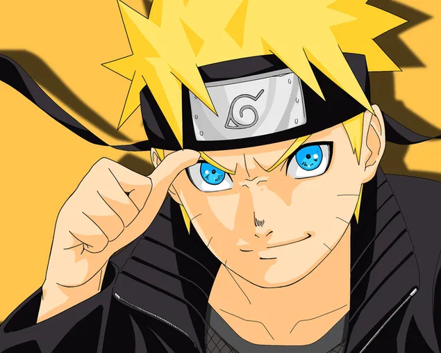Personaje de anime Naruto con rubia, ojos azules, traje negro.