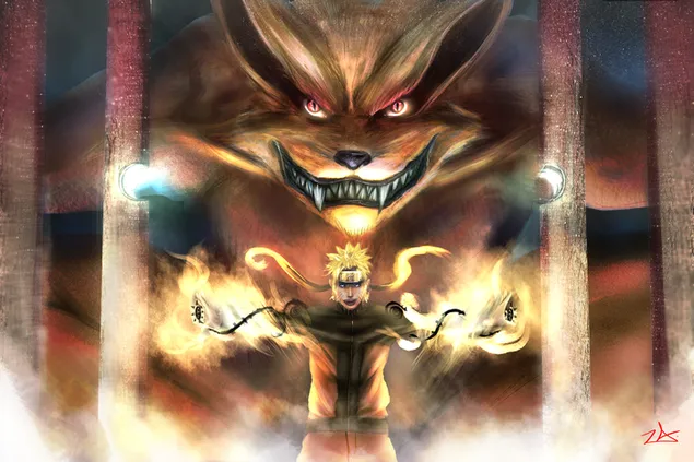 Personaje de anime Naruto frente a un animal aterrador y fuego.