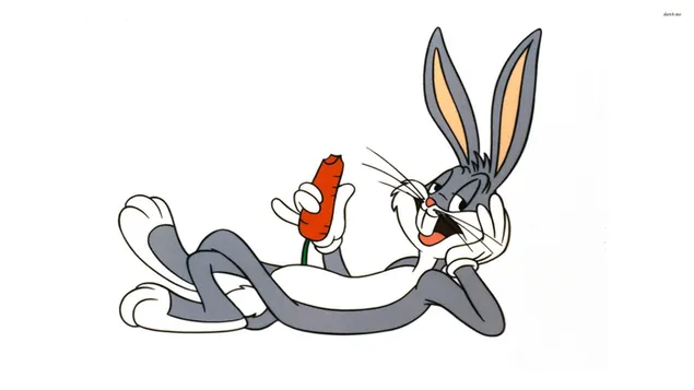 Personaje de conejito de dibujos animados Bugs Bunny sosteniendo una zanahoria en su mano extendida