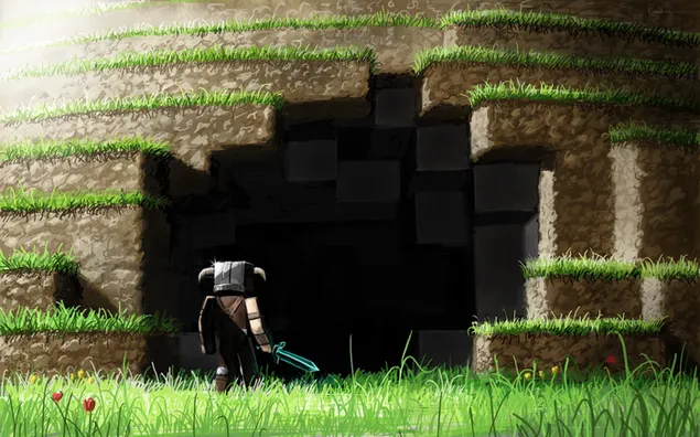 Personaje de videojuego de Minecraft sosteniendo una espada en un campo cubierto de hierba verde