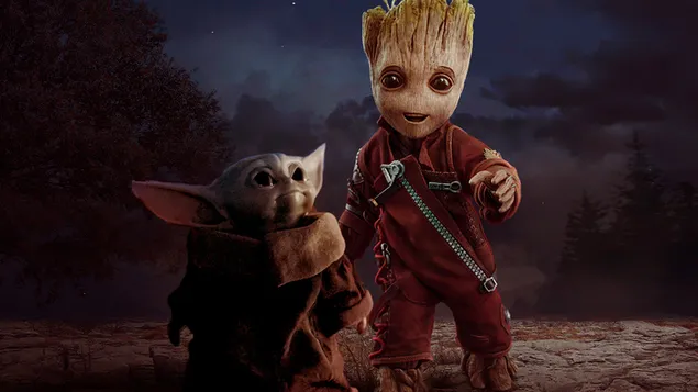Personajes de películas de ciencia ficción baby yoda y baby groot caminando juntos descargar