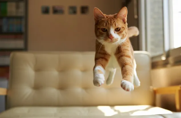 Mascota gato atigrado naranja salta alrededor de la casa 2K fondo de pantalla