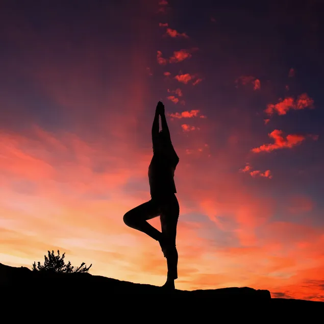 Преземете Фотографија на жена која прави јога со поглед на облак на зајдисонце и позадинско осветлување