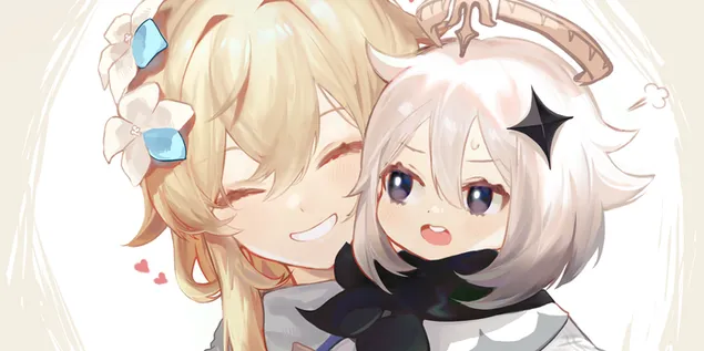 Piamon & Lumine mylintis apkabinimo paveikslas | Ganšino poveikis 2K ekrano užsklanda