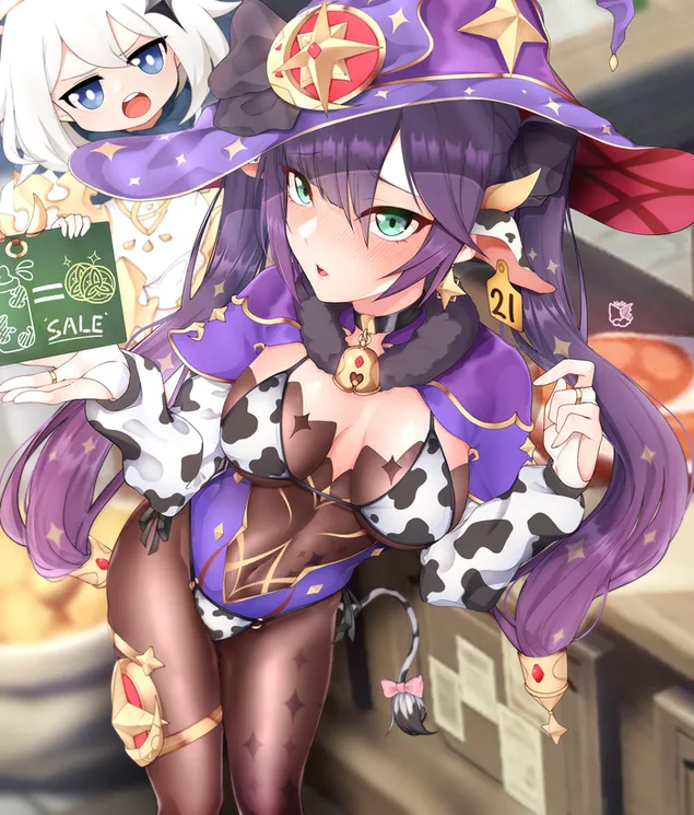 皮亞蒙 (Piamon) 和莫娜 (Mona) 出售她的牛奶 | 原神衝擊 2K 壁紙