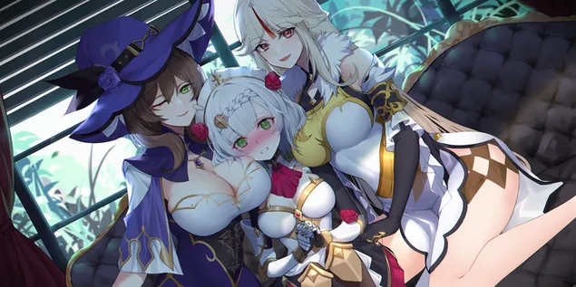 皮亚蒙独自坐在丽莎和凝光之间 | 甘信冲击 2K 壁纸