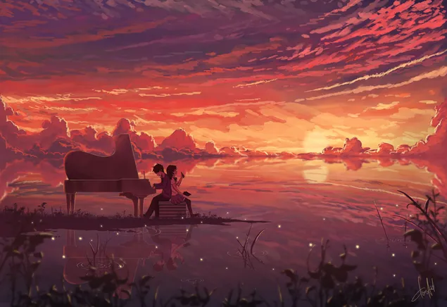 赤い空に太陽の光が反射する水の上でピアノを聴くピアニストと女の子