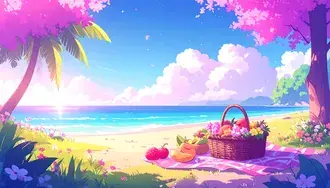 Picnic Basket and Fruits on a Tranquil Beach with Flowers 8K wallpaper