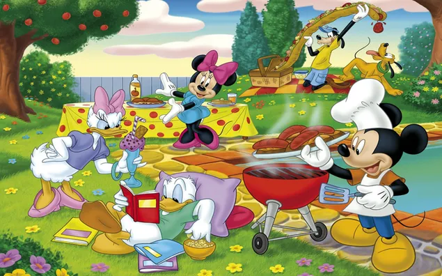 Picknickausflug in der natur cartoon mickey und minnie mouse donald duck und gänseblümchen
