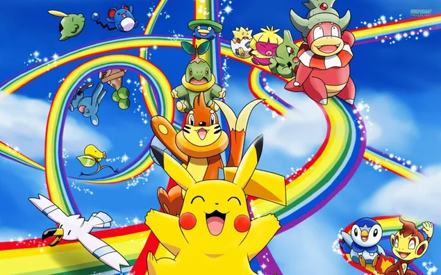 pikachu piplup buizel chimchar turtwig mat e puer anere pokemon reiden op rainbow-ahnleche bunnen duerch den himmel eroflueden