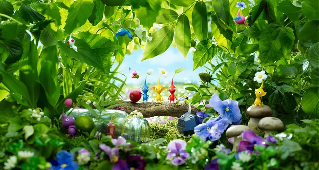 Pikmin 3 Videospiel gelbe, rote und blaue Charaktere genießen das Meer neben grünen Blättern und Blumen