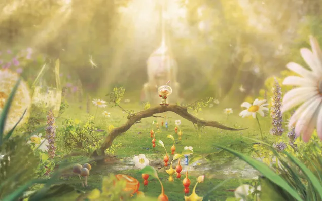 Pikmin videospelkaraktärer på ett blommigt och soligt torg som en riktig naturscen 2K bakgrund