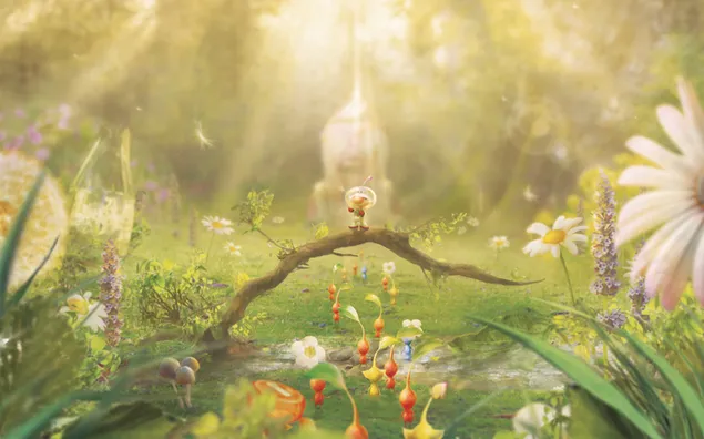 本物の自然のシーンのような花と日当たりの良い広場にいるピクミンのビデオゲームのキャラクター