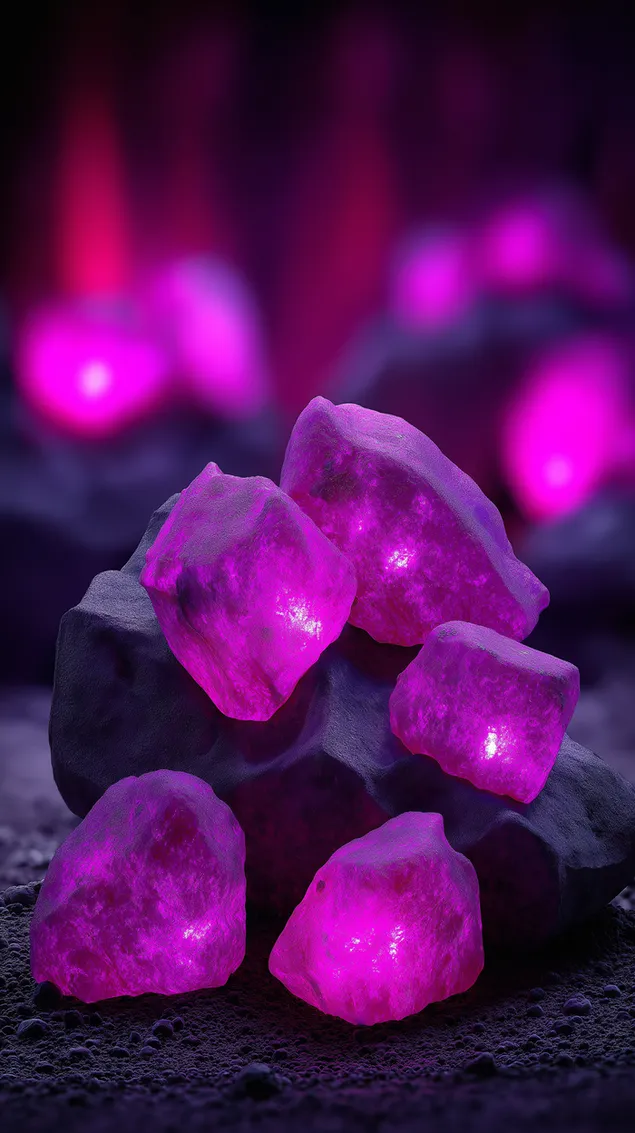 kupchina grubi sveteshchi rozovi kristali, pochivashchi v''rkhu t''mni skali izteglyane