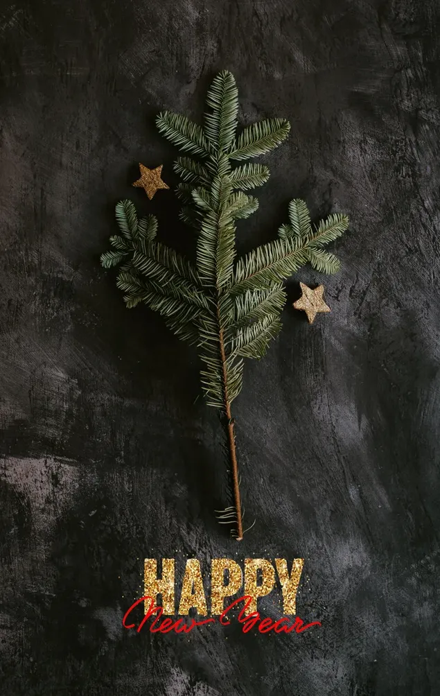 Gambar pohon pinus untuk tahun baru dengan latar belakang hitam dengan teks "Selamat Tahun Baru"
