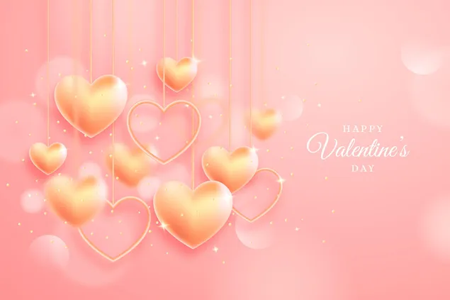 ピンクの背景と金の心 - 幸せなバレンタインデー 2K 壁紙