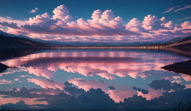 เมฆสีชมพูสะท้อนอยู่ในทะเลสาบ 4K วอลเปเปอร์