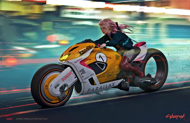 Pink colored hair riding on a cool yellow motorcycle 
