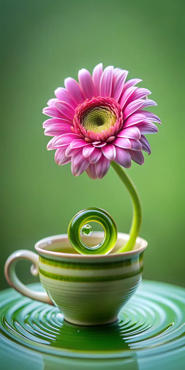 티컵 속의 핑크색 거베라 꽃 2K 배경화면