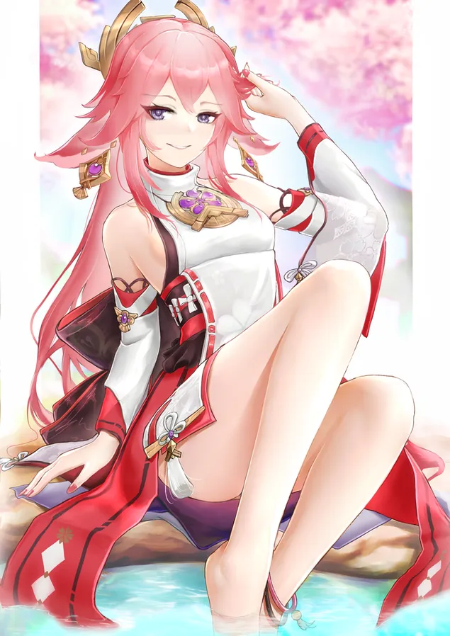 สาวอนิเมะผมสีชมพู | แย้ มิโกะ | ผลกระทบกันชิน 2K วอลเปเปอร์