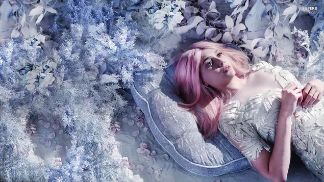 Pink haired Elizabeth lying down with frozen flowers 