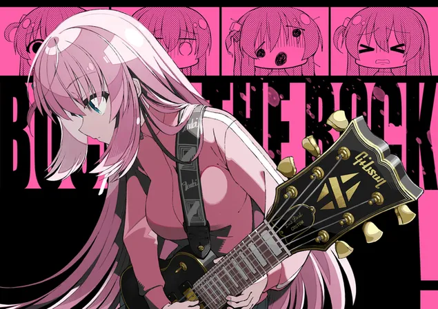 Pink haired girl playing guitar from Bocchi The Rock anime series 2K wallpaper