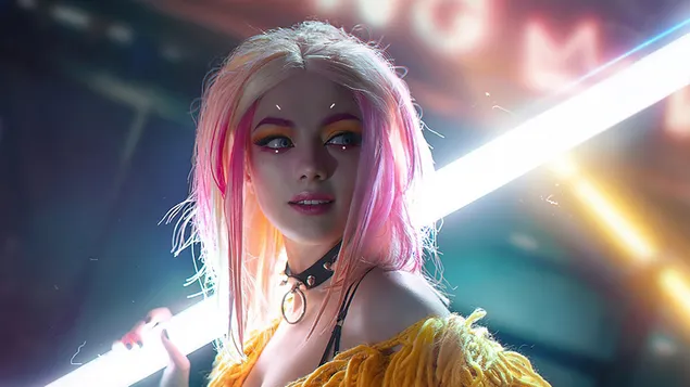 Pink Hoer Meedchen mat Cyberpunk Lightsaber 4K Tapeten