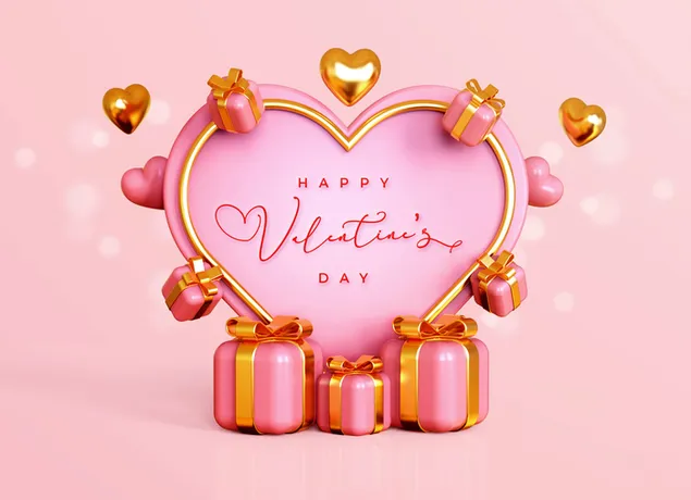 לב ורוד עם מסגרת זהב וכיתוב יום האהבה שמח בפנים HD טפט