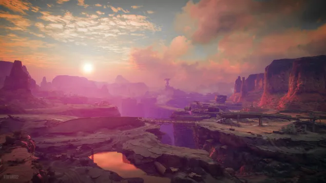 Bir köyün üzerinde pembe gökyüzü 4K duvar kağıdı