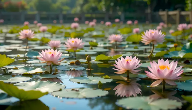 宁静池塘倒影中的粉色睡莲 4K 壁纸