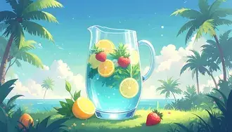 Tapeta Džbán vody s citrusy naplněné na tropické pláži ilustrace 8K