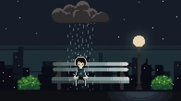 Pixel : It's raining on the lonely boy on night 4K wallpaper