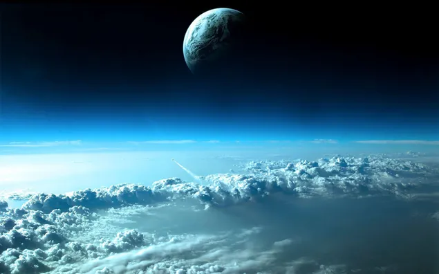 Uitzicht op de planeet voor zwarte achtergrond over dichte mist en wolken