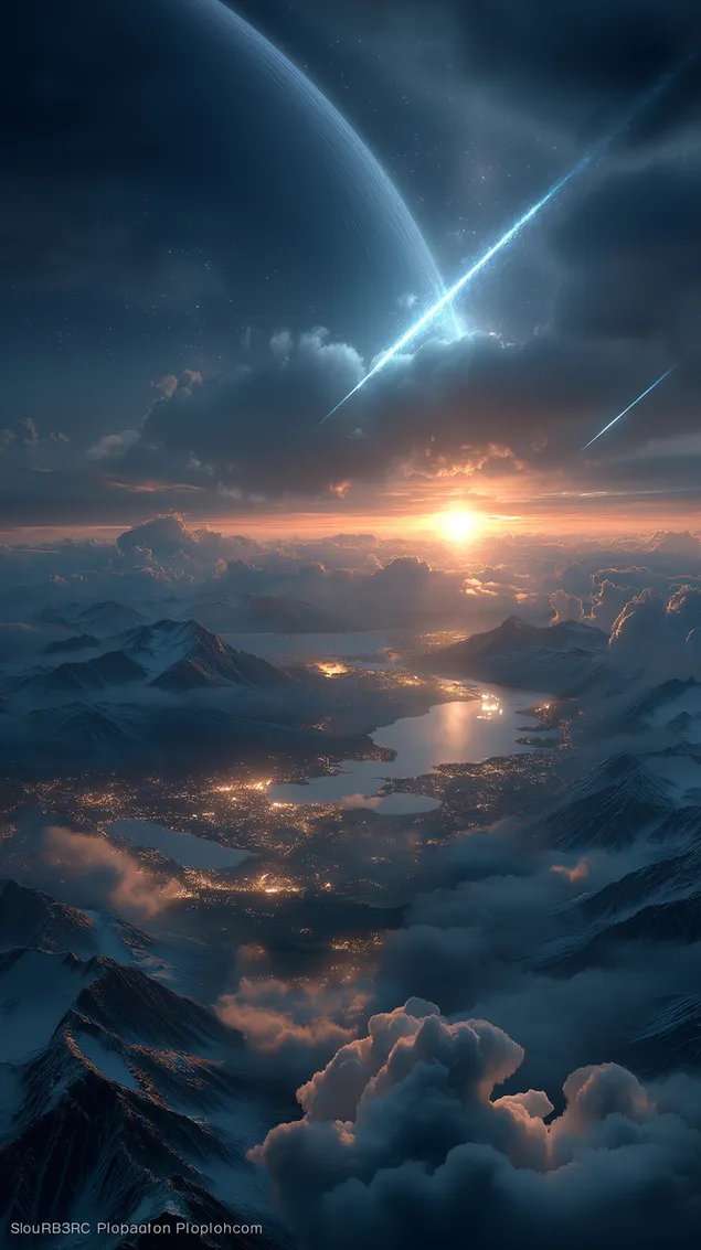 discesa planetaria sul paesaggio montuoso all'alba scarica