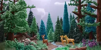 plasticine model of a dense, stylized pine forest with deer. download