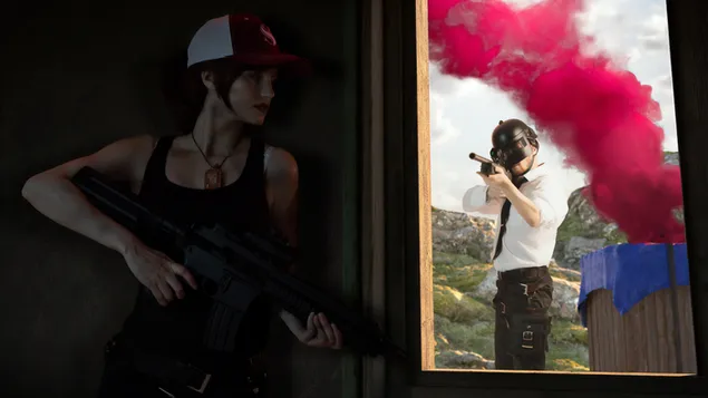 PlayerUnknown's Battlegrounds (PUBG Mobile) - Pubg Girl がヘルメットガイ (コスプレ) と競う 4K 壁紙