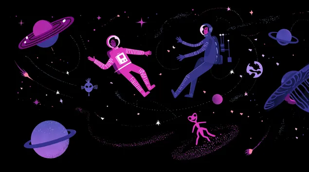 장난기 넘치는 우주인과 외계 생명체들이 기발하고 별이 빛나는 우주를 떠다닙니다. 2K 배경화면